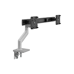 Bras de moniteur M8.1 avec barre transversale, montage à pince en deux pièces avec base, argenté avec garniture grise