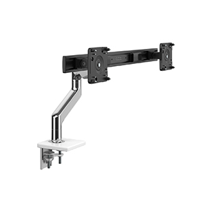 Bras de moniteur M8.1 avec barre transversale, montage à pince en deux pièces avec base, aluminium poli avec garniture blanche