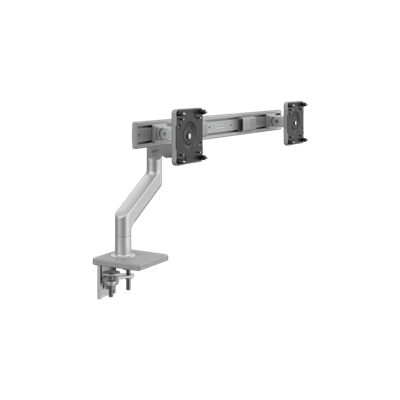 Bras de moniteur M8.1 avec barre transversale, montage à pince en deux pièces avec base, argenté avec garniture grise