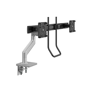 Bras de moniteur M8.1 avec barre transversale et poignée, montage à pince en deux pièces avec base, argenté avec garniture grise