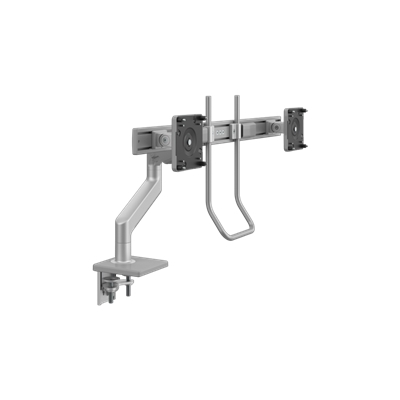 Bras de moniteur M8.1 avec barre transversale et poignée, montage à pince en deux pièces avec base, argenté avec garniture grise