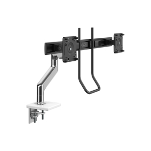 Bras de moniteur M8.1 avec barre transversale et poignée, base de montage à pince en deux pièces, aluminium poli avec garniture blanche