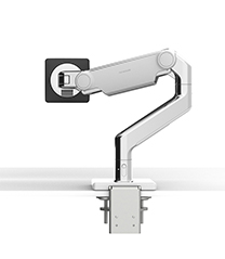 Bras de moniteur M8.1 avec base de montage à pince en deux pièces, aluminium poli avec garniture blanche