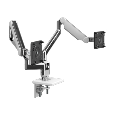 M/Flex avec bras de moniteur M2.1 (2), base de montage double à pince en deux pièces, aluminium poli avec garniture blanche