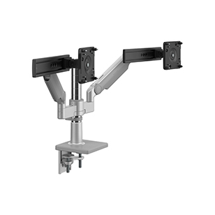 M/Flex avec bras de moniteur M2.1 et glissière (2), support à double bras, montage à pince en deux pièces, argenté avec garniture grise