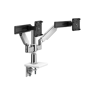 M/Flex avec bras de moniteur M2.1 et glissière (2), support à double bras, montage à pince en deux pièces, aluminium poli avec garniture blanche