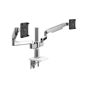 M/Flex avec bras de moniteur M2.1 (2), support à deux bras, montage à pince en deux pièces, aluminium poli avec garniture blanche