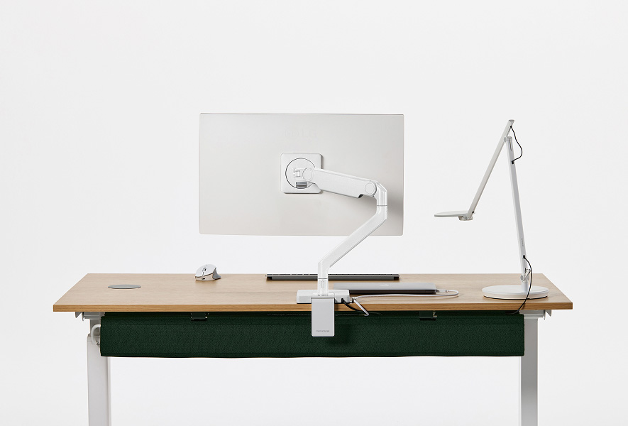 New M2 Pro monitor arm in all white finish, mounted to eFloat Go 2.0 desk, Nova Light